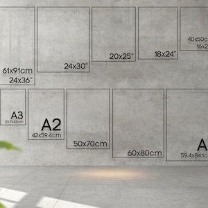 May include: A comparison chart of different print sizes for posters and artwork. The sizes are listed in inches and centimeters. The chart includes standard sizes like A1, A2, and A3, as well as custom sizes like 24x30 inches and 20x25 inches.