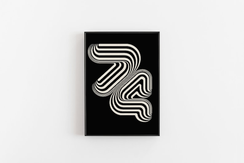 May include: Black and white abstract geometric art print with a design of overlapping curved lines. The print is framed in a black frame.