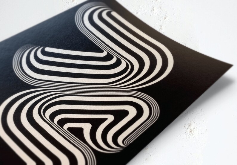 May include: Abstract black and white print with a geometric pattern of curved lines creating a 3D effect.