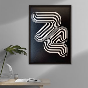 May include: Black and white abstract geometric art print in a black frame. The print features a series of curved lines that create a sense of movement and depth.