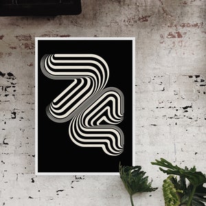 May include: A black and white abstract geometric print with a white design on a black background. The design is made up of curved lines that create a sense of movement.