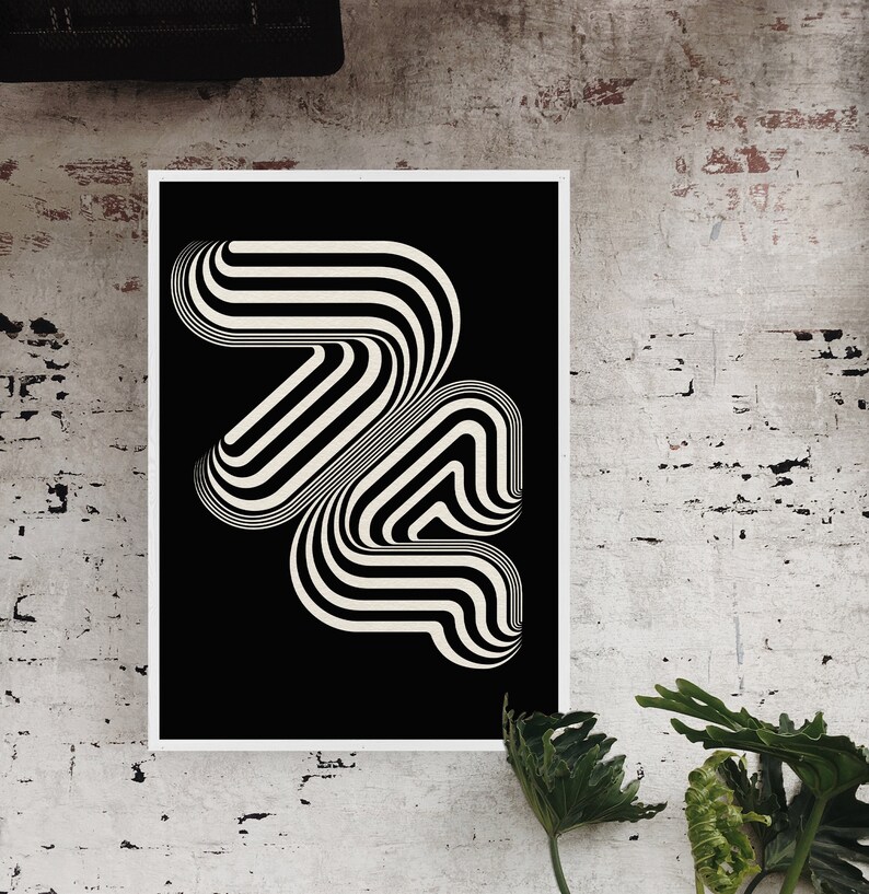 May include: A black and white abstract geometric print with a white design on a black background. The design is made up of curved lines that create a sense of movement.