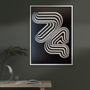 May include: A black and white abstract geometric print in a white frame. The print features a series of curved lines that create a sense of movement and depth.