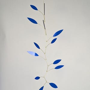 Mobile, Kinetic Sculpture, Brass and Cobalt Blue Leaves, Contemporary Mobile, Modern Mobile