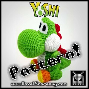 May include: A crocheted Yoshi doll in bright green, white, red, orange, and yellow. The word "Yoshi" is above the doll in a green and yellow font. The word "Pattern!" is written across the image in a pixelated font. The website www.Voxel.Storenvy.com is at the bottom.