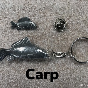 Pewter Key Chain/Badges 199 CARP Fish Fisherman Keyring and or Lapel Pin Badges 