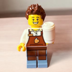 Models Built With Lego® Bricks - Male Barista Mini Figure with Takeaway Cup - Stocking Filler / Christmas Gifts / Birthday Gifts for Him