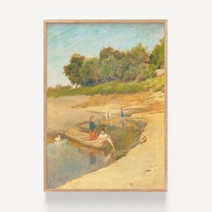 May include: A painting of a river scene with a small boat and people in the water. The boat is in the foreground and the people are in the background. The river is surrounded by trees and the sky is blue.