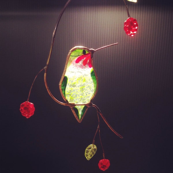 Hummingbird with Berries stained glass suncatcher