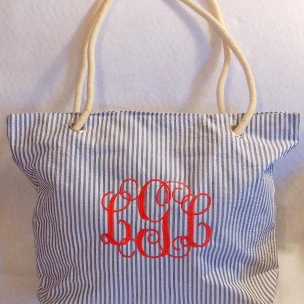 Monogrammed Bag  Monogrammed Tote Bag Personalized Bag  Seersucker Tote Bag  Bridesmaid Gift
