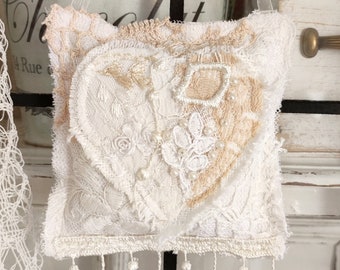 Heart on the Pillow, Shabby Chic Lace Cotton Fabric Ornament for Hanging, Home French Paris Boudoir Bedroom Decor Decoration Ornaments