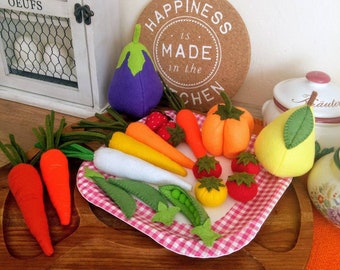 18 Felt Fruits Vegetables, Felt Food, Natural Size, Kids Party, pretend play food educational nursery preschool montessori toy kitchen decor