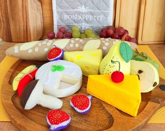 Felt Food Set, Cheese Board, Brie Pear Fig Baguette Mushroom Pepper Cherry, Kids Kitchen Decor Play, Party Gift, Montessori Room Toys