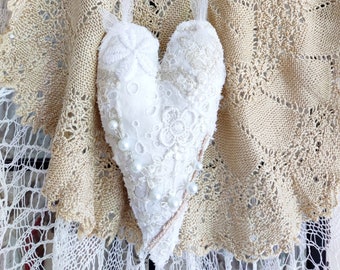 Shabby Chic Hanging Heart, Wedding Lace Decor, White - Gold, Valentines Gift, Living Room Bedroom Boudoir Bathroom Decor Ornament Decoration