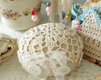 Shabby Chic Pincushion, Vintage Lace Pincushion, Shabby Chic Vintage French Home Sewing Tailor Workshop Lab Decor Ornament Decoration, OOAK