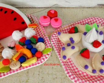 Felt Food Set Party Gift Decor, Dumplings Fruit Salad Dessert Watermelon Strawberries Cookies Macaroon, pretend play toy kitchen, montessori