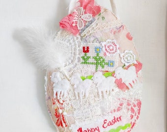 Easter Decor, Decorative Big Egg 3D Hanging, Embroidered Flowers, Vintage Lace, Spring Home Office Decoration Ornament Gift