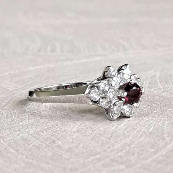 Natural Ruby and Diamond 14k White Gold Cluster R… - image 3
