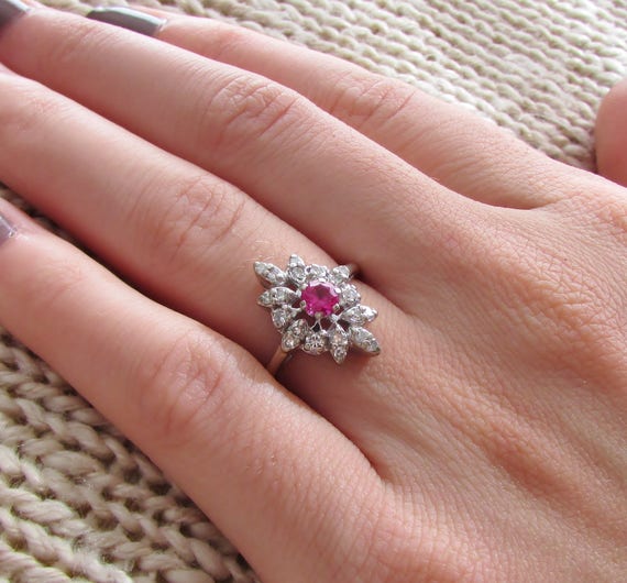Diamond and Ruby Vintage Marquise Shaped Cluster … - image 7