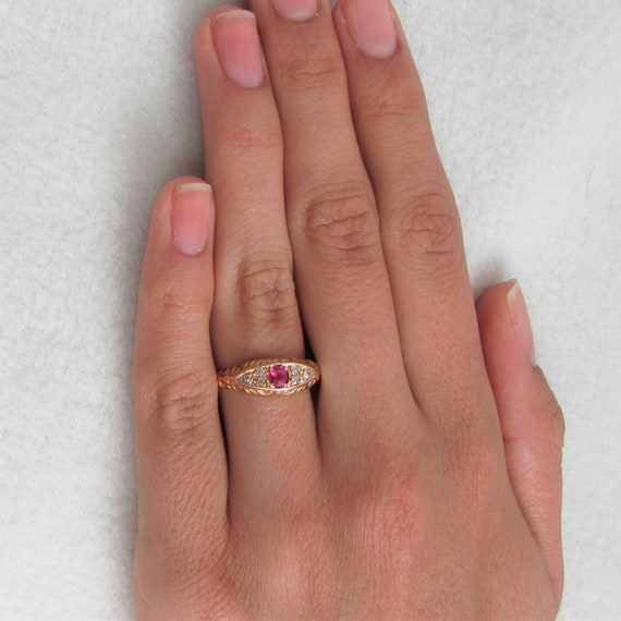 Ruby and Diamond Engraved Band Ring - English Ori… - image 10