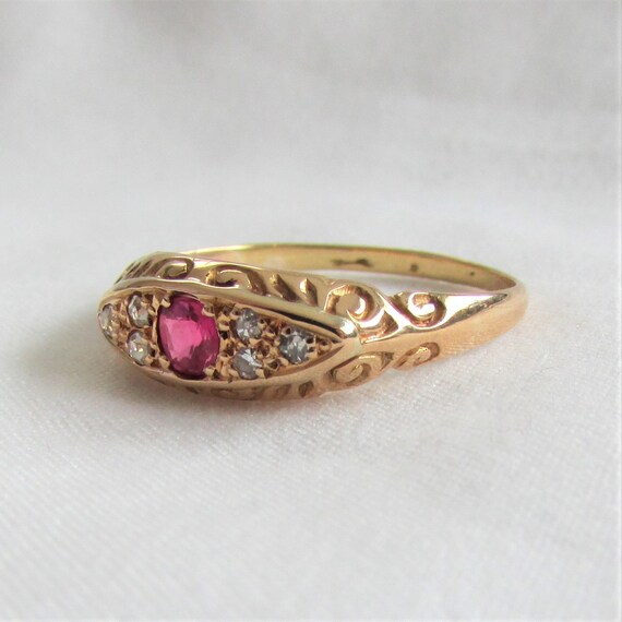 Ruby and Diamond Engraved Band Ring - English Ori… - image 6