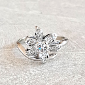 Vintage 14K Floral Diamond Cluster Ring .45 Ctw So Sparkly and Unique! Diamond Right Hand Cocktail Ring GIA G.G. Appraisal Incl 1,580 Usd!