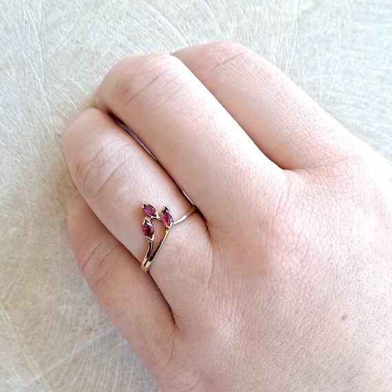 14K Yellow Gold Ruby Ring: Petite Marquis Three S… - image 10