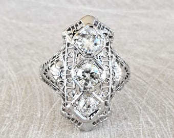 Antique 14K White Gold Art Deco Diamond Filigree Ring, GIA Appraisal