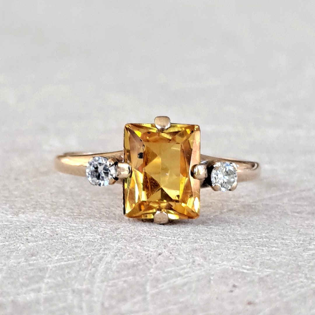 Vintage Synthetic Yellow Sapphire and Cubic Zirconia Ring 1970's 10K Solid Yellow Gold, Lovely