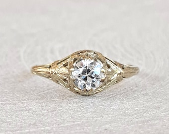 Antique Diamond Engagement Ring .54 Ct Old European Cut, 14K Yellow Gold, Art Deco Filigree Setting, GIA G.G. Appraisal Included 2,860 Usd
