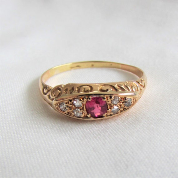 Ruby and Diamond Engraved Band Ring - English Ori… - image 2