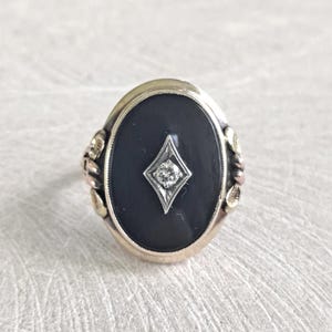 Vintage Black Onyx and Diamond 10K Yellow and White Gold Ring, Large Crown, Detailed Shoulders, Beautiful!