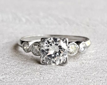 Anillo de compromiso vintage de platino con diamantes: 1,18 quilates, claridad VS1, estilo art déco.
