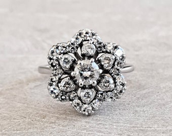 Anillo floral vintage de diamantes: 1,11 quilates, estilo cóctel de los años 50