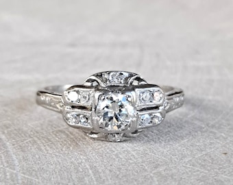 Anillo de compromiso Art Déco de platino con diamantes, 0,50 quilates, tasación GIA G.G.