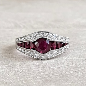 PLATINUM Ruby and Diamond Ring, Modernistic Cluster Ring! Rich Red Rubies, Bright Sparkling Diamonds! GIA G.G. Appraisal Incl 6,690 Usd
