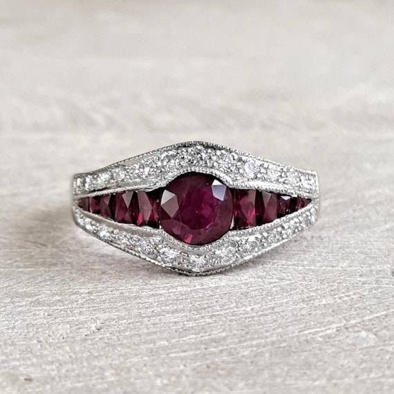 PLATINUM Ruby and Diamond Ring, Modernistic Cluste
