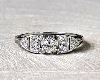 Platinum Diamond Ring: Antique Art Deco Filigree Engagement Ring