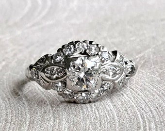 Anillo de platino con diamantes en racimo: anillo de compromiso Art Déco antiguo