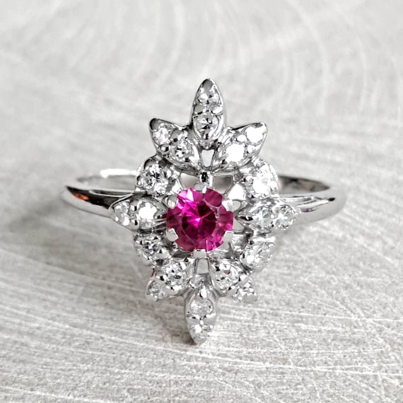 Diamond and Ruby Vintage Marquise Shaped Cluster … - image 1