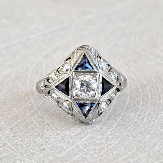 Antique 14K Diamond and Sapphire Art Deco Filigre… - image 1