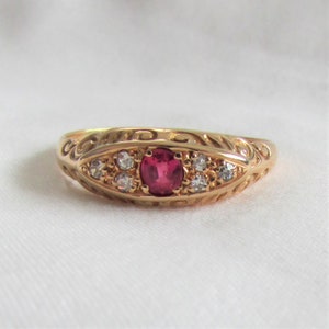 Ruby and Diamond Engraved Band Ring - English Origin, Gorgeous!