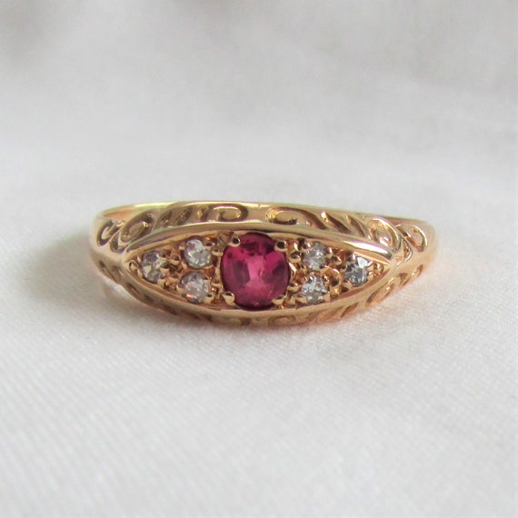 Ruby and Diamond Engraved Band Ring - English Ori… - image 1