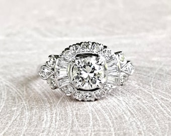 Anillo de compromiso Art Déco de platino con diamantes: centro de 0,56 ct, tasación GIA G.G.