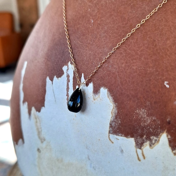 Black Onyx Pear Tear Drop Bead Pendant with 14K Y… - image 2