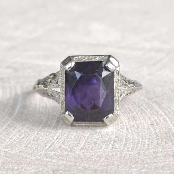 Antique Amethyst Art Deco Filigree Ring 14K White Gold Emerald Cut Amethyst, February Birthstone, Gorgeous!