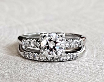 Conjunto nupcial vintage de diamantes: 0,66 ct VVS1, anillos de boda de oro blanco de 14k