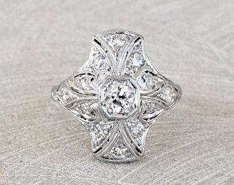 Platinum Art Deco Diamond Cluster Ring: .93 CTW, Cocktail Dinner Ring
