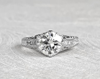 Art Deco Filigree Diamond Ring: 1.36 Ct VS1, 18k White Gold Engagement Ring