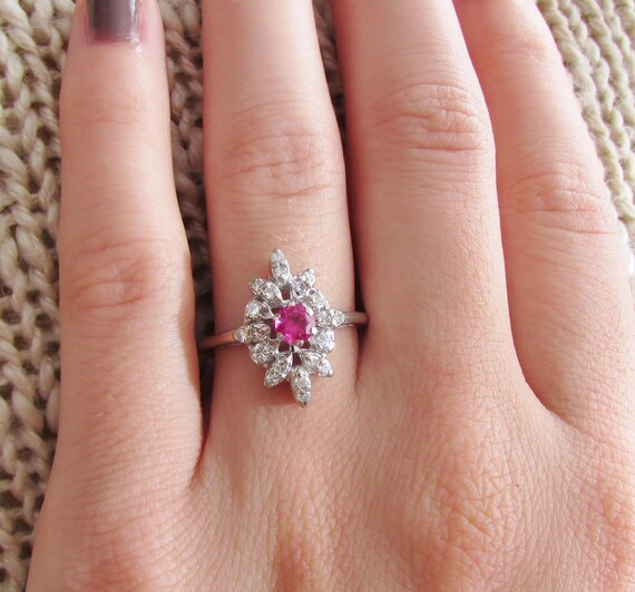 Diamond and Ruby Vintage Marquise Shaped Cluster … - image 8